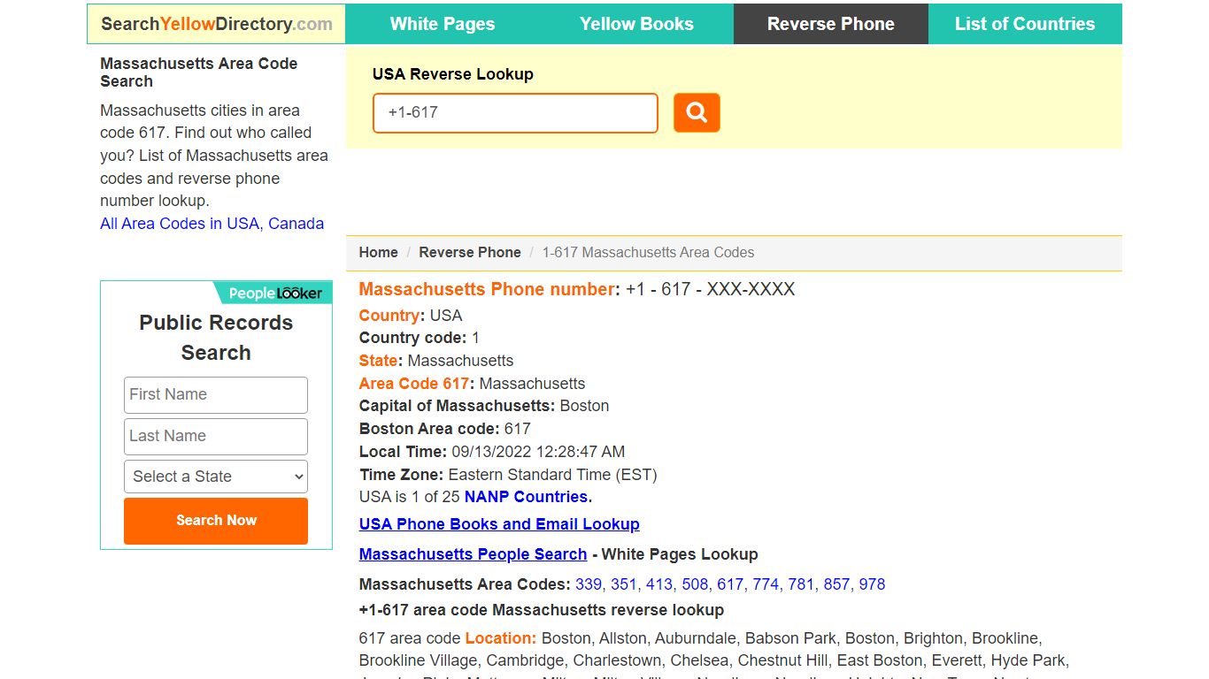 Massachusetts Area Code 617 Reverse Phone Number Lookup